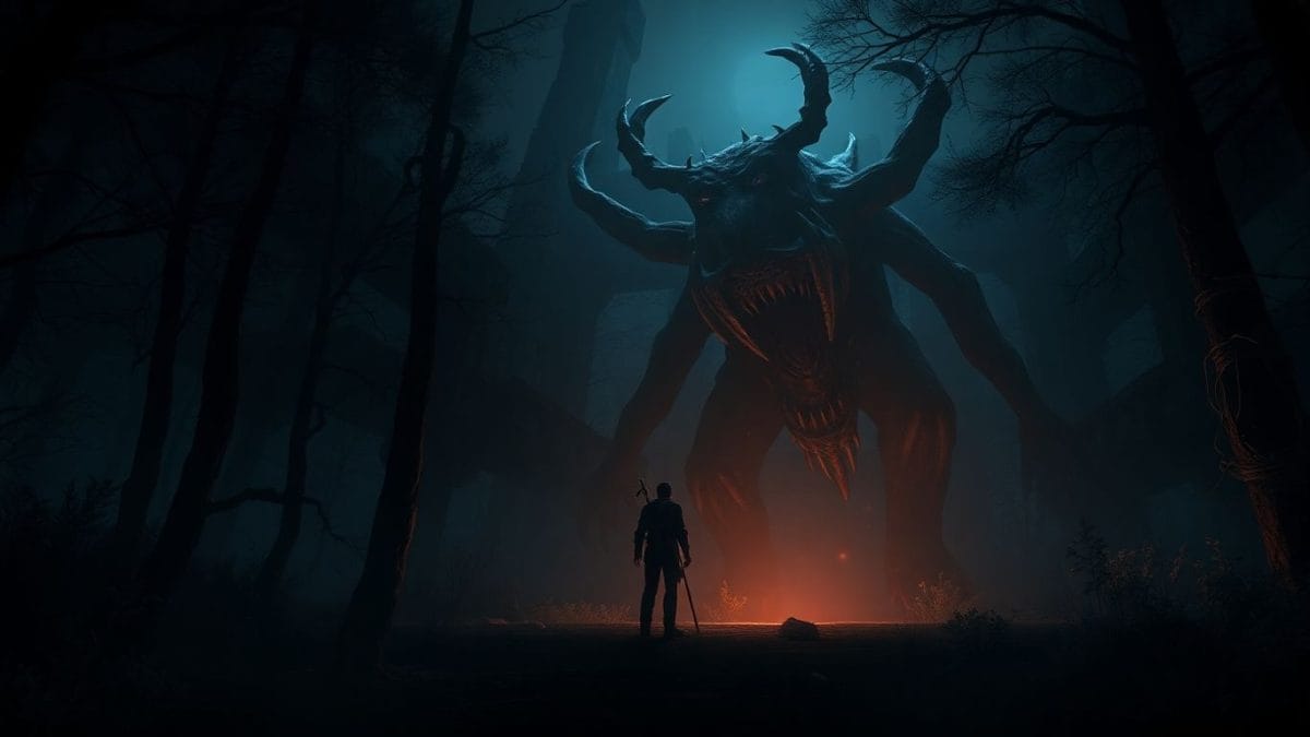 Horror RPG game art with monster and adventurer.