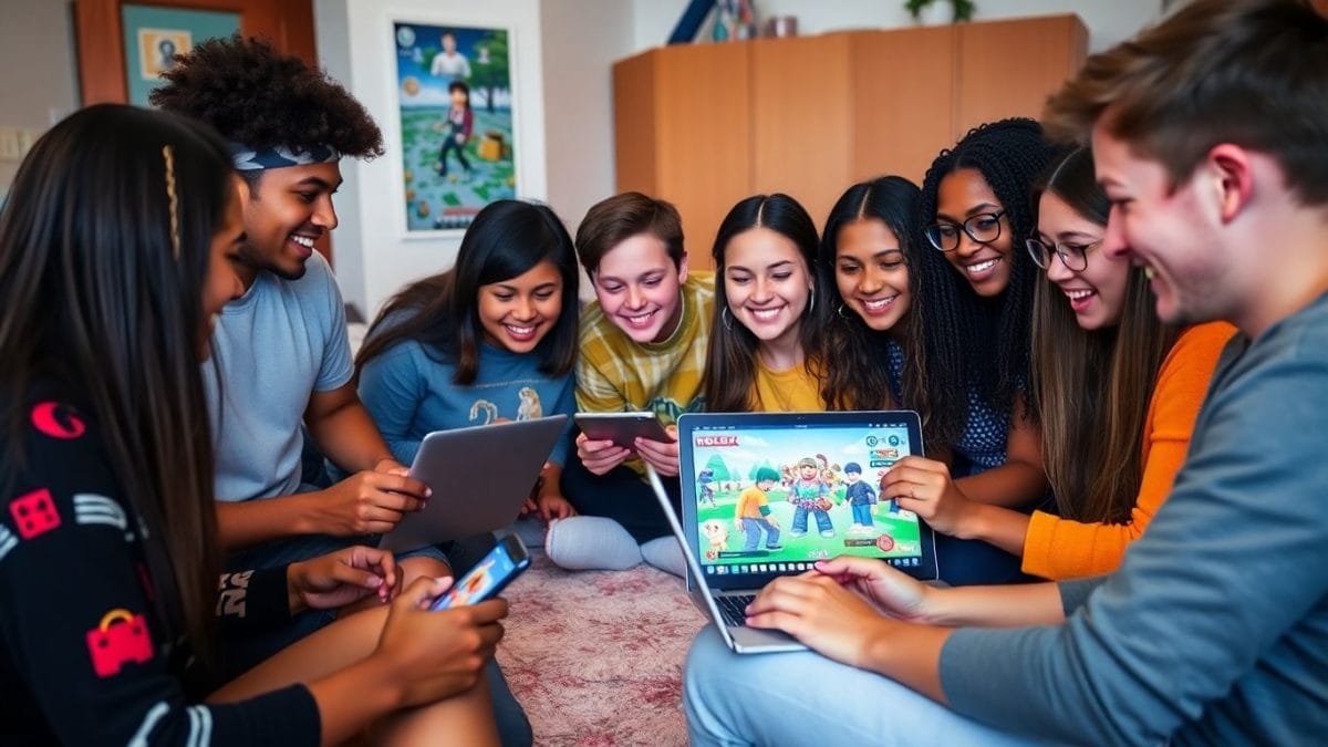 Teens playing Roblox together on laptops and phones