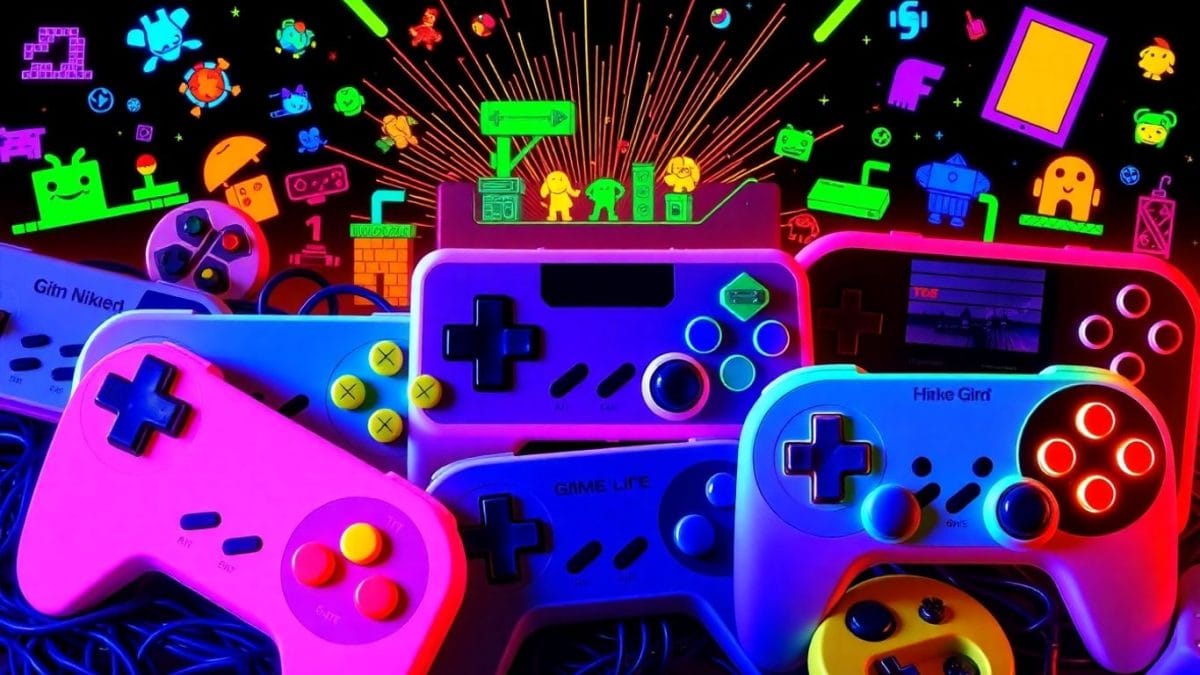 Retro game controllers and pixel art collage.