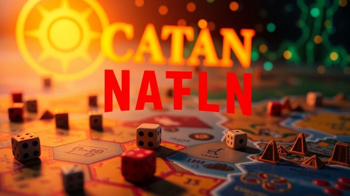 Netflix logo with Catan game elements, gaming and ads.