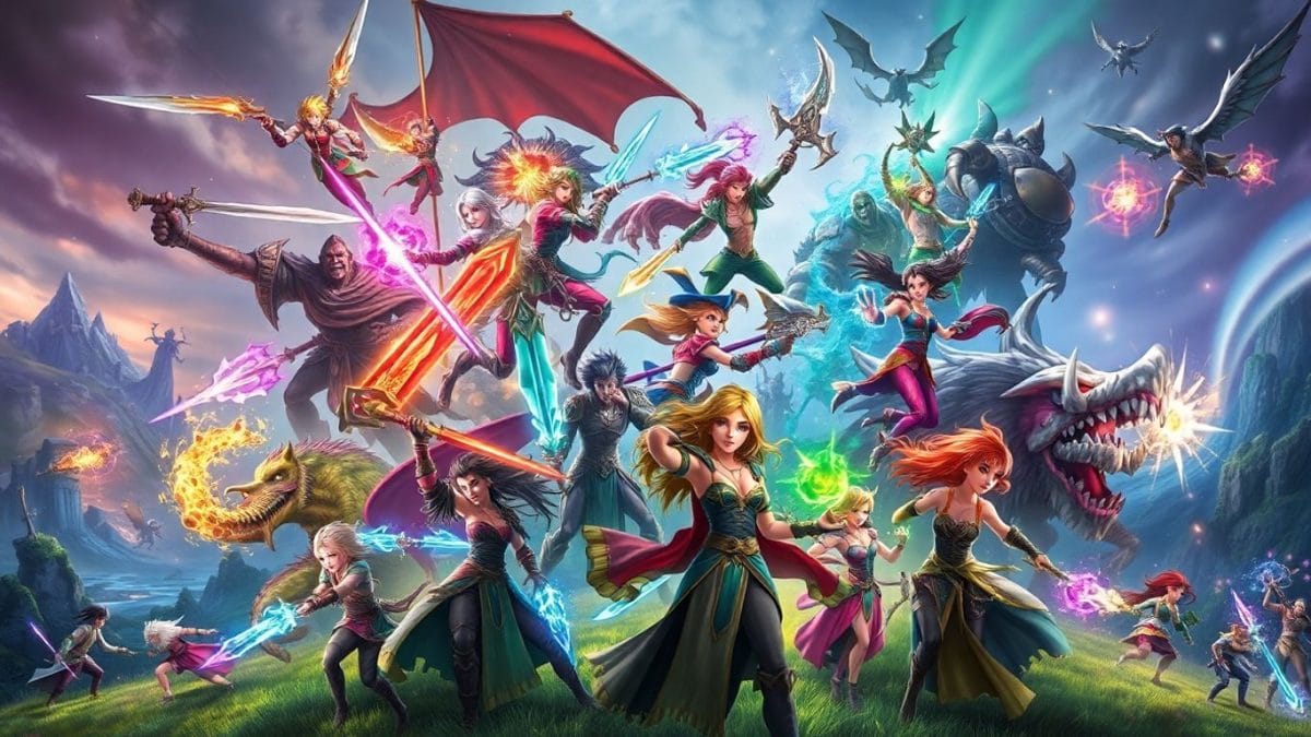 Collage of fantasy characters and epic game scenes.