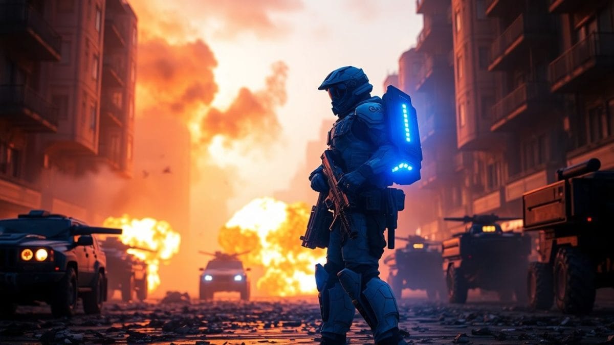 Futuristic soldier in explosive urban battlefield scene