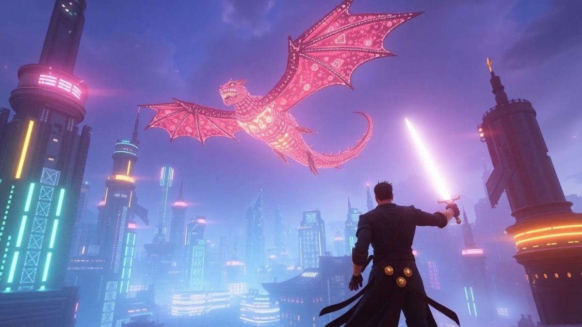 Futuristic cityscape with digital dragon and player character.
