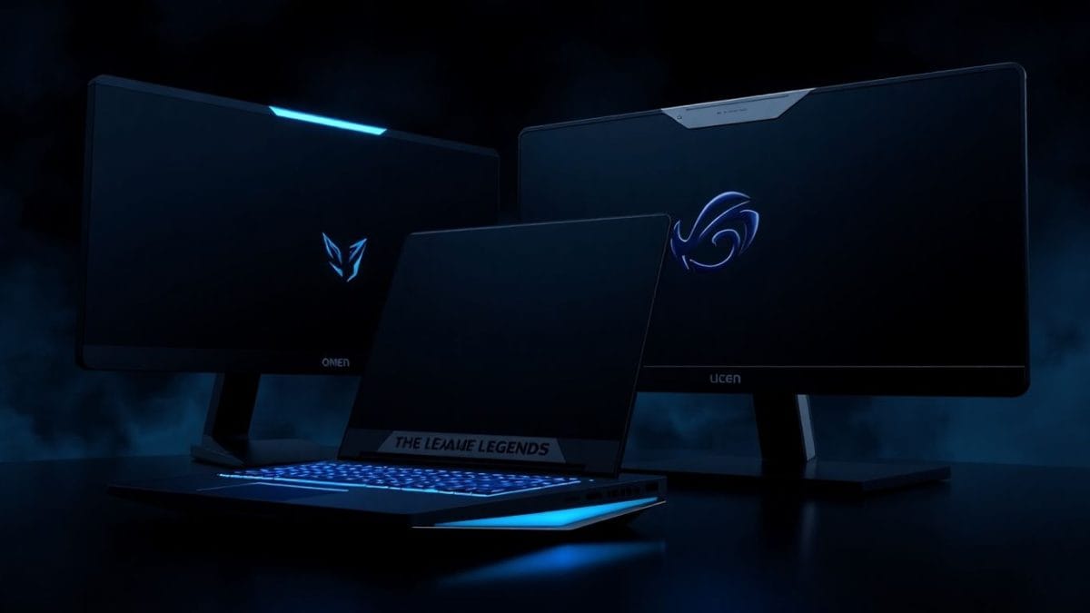 HP Omen laptop and monitor with League of Legends theme.