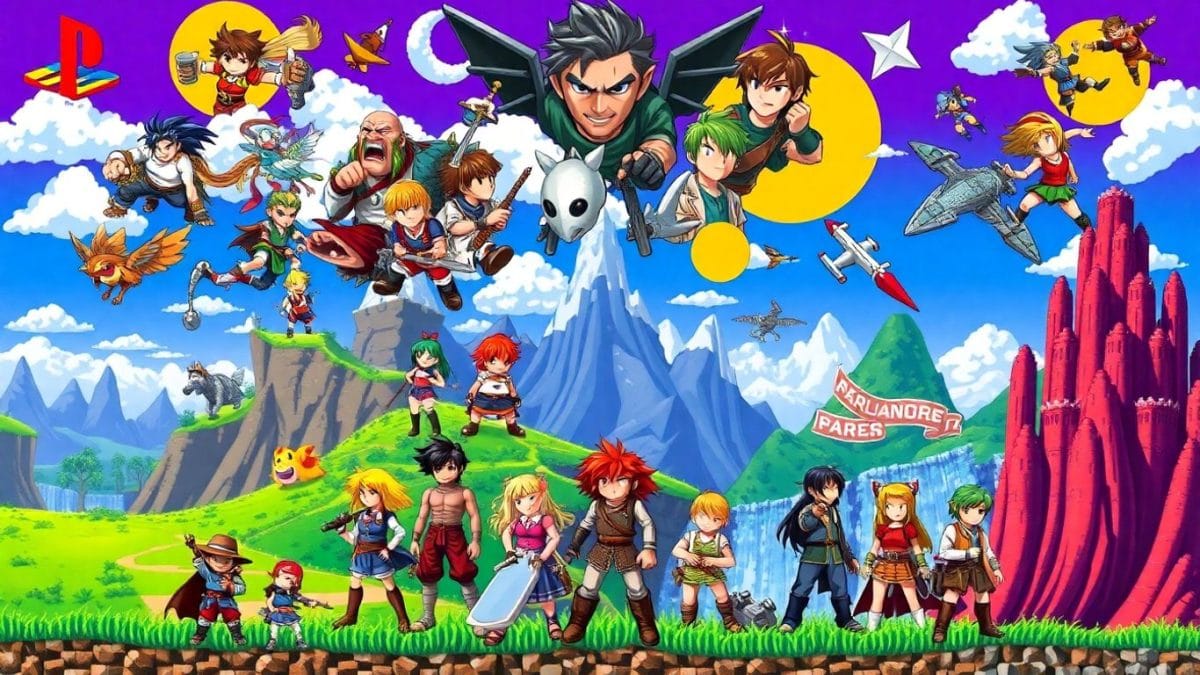 Classic PS1 RPG characters and game worlds collage.