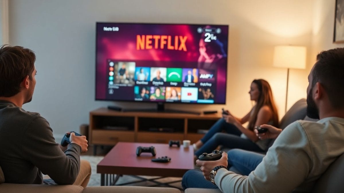 Family playing games on Netflix TV in living room.