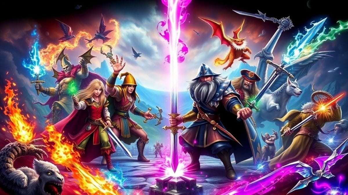 Epic turn-based RPG heroes in fantasy battle scene