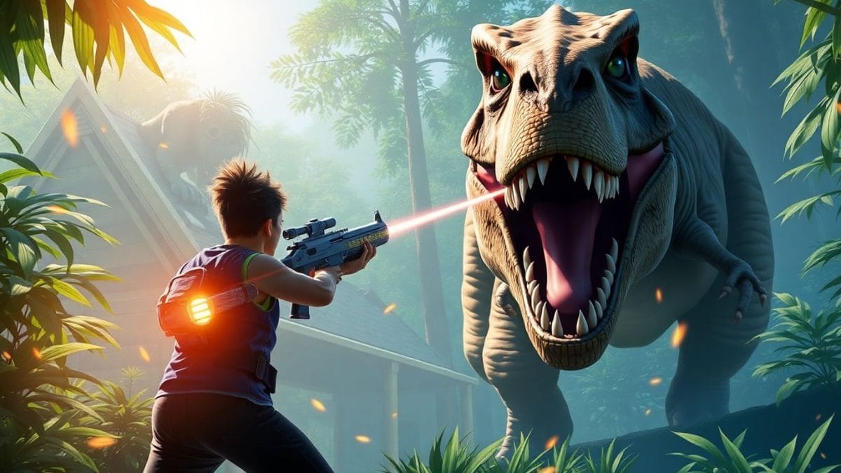 Player fighting a T-Rex in a dinosaur game.