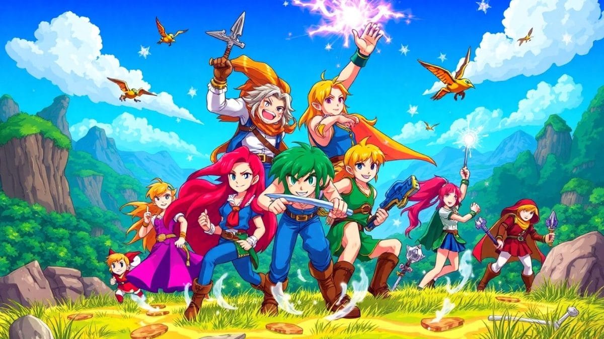 SNES RPG characters in an epic adventure scene.