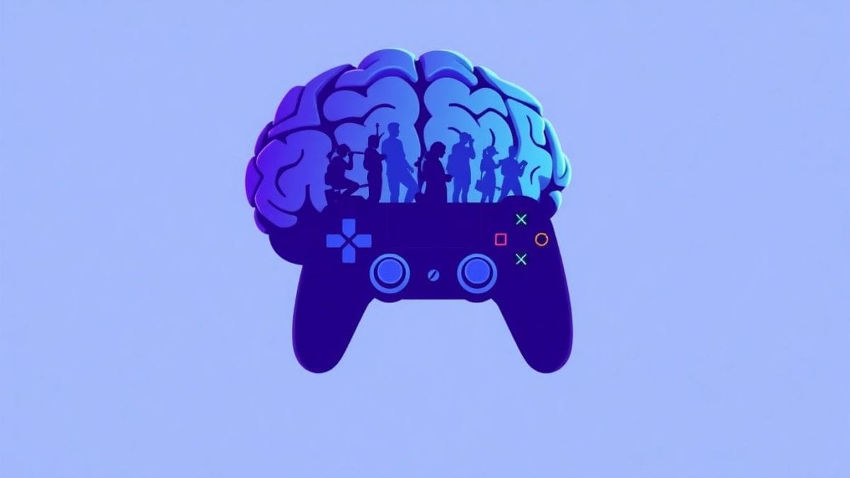 AI brain connected to game controller, player silhouettes inside.
