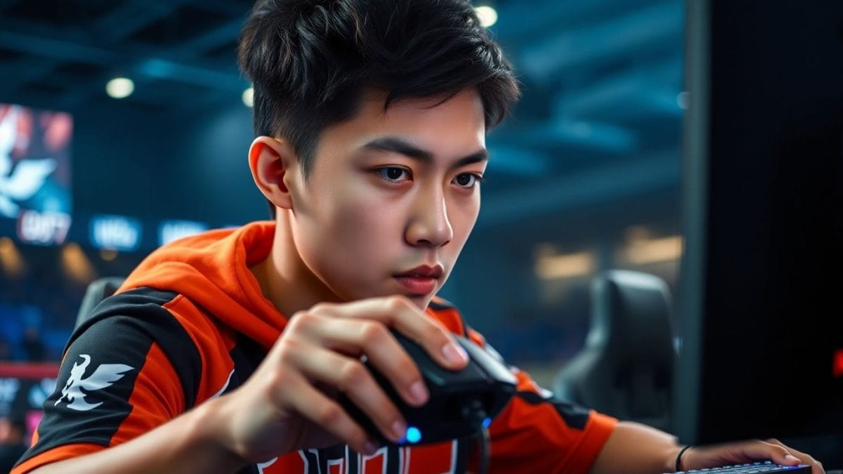 Esports player Zhe in action, gaming intensely.