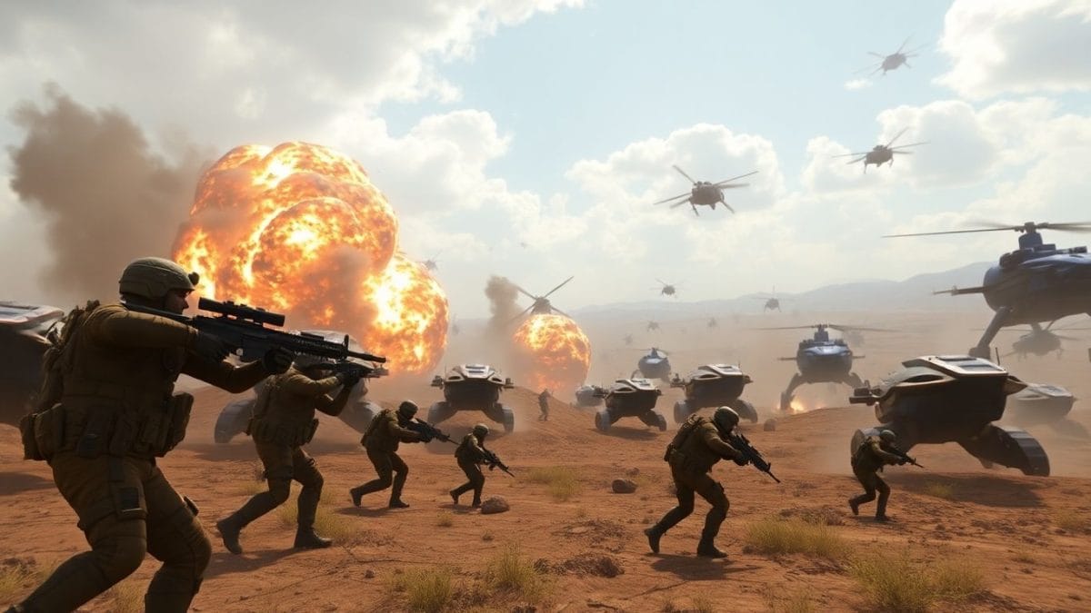 Battlefield 6 soldiers in intense combat with explosions.