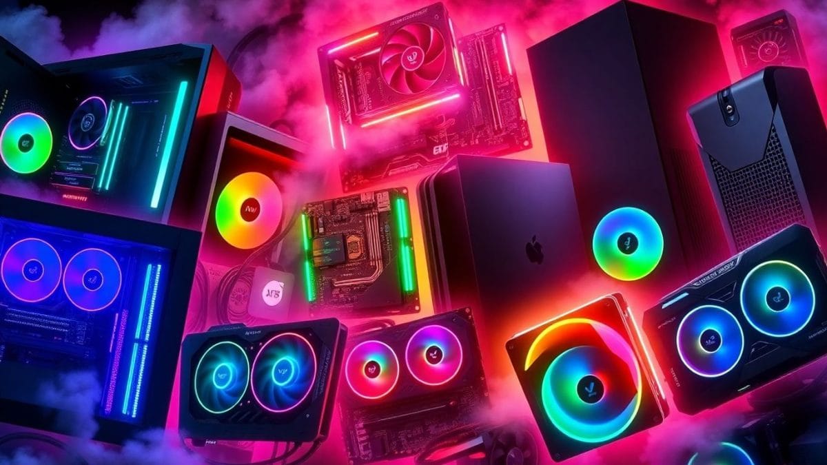 Gaming hardware collage with PCs, consoles, and GPUs.