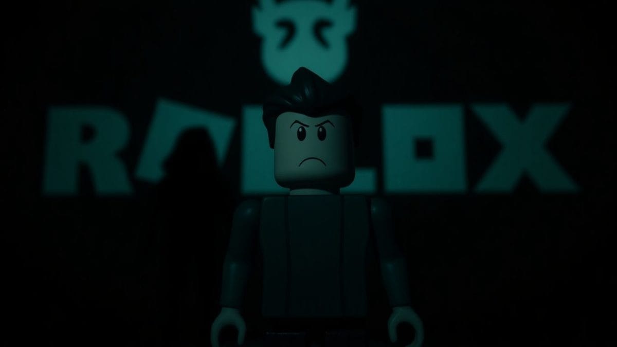 Roblox avatar in dark setting with shadowy figure.