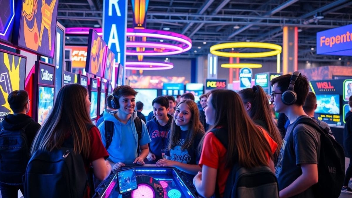 Teens enjoying vibrant gaming convention with lights and consoles