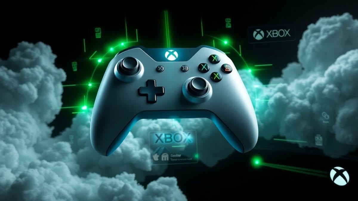 Xbox controller and clouds with digital gaming effects
