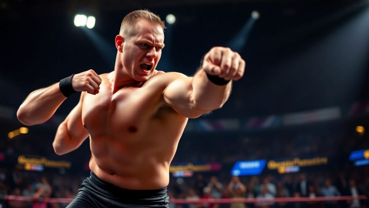 Wrestler delivering a powerful punch in a stadium.