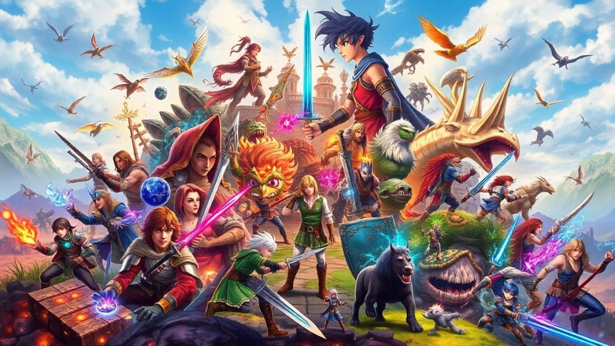 Collage of fantasy RPG game characters and landscapes.