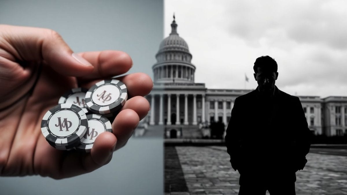Gaming stakes and government building silhouette.