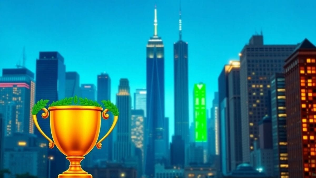 PrizePicks logo with New York skyline and trophy.