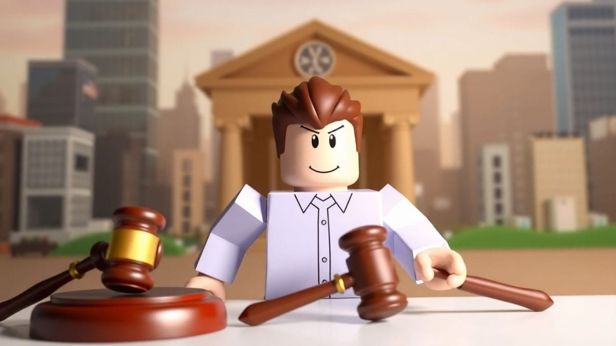 Roblox avatar, courthouse, legal gavel, child safety.