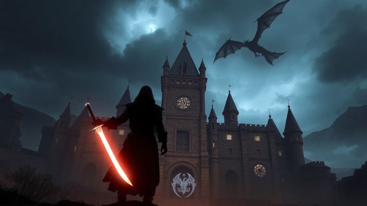 Fantasy warrior and dragon before a castle.