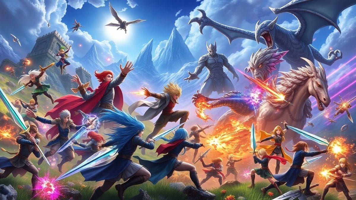 Collage of fantasy characters and epic scenes from mobile RPGs.