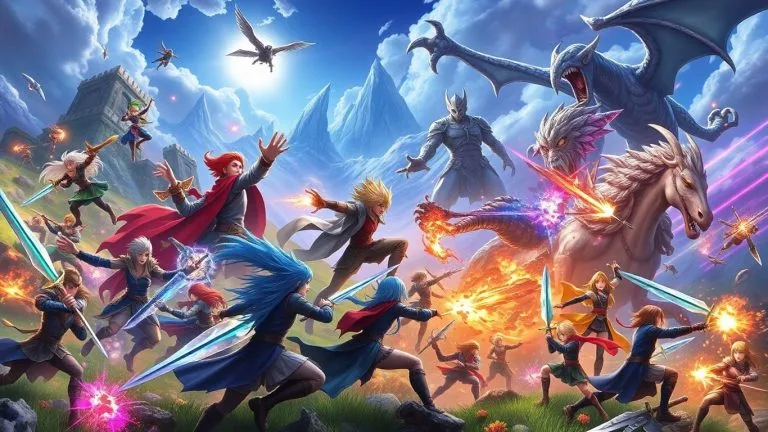 Collage of fantasy characters and epic scenes from mobile RPGs.