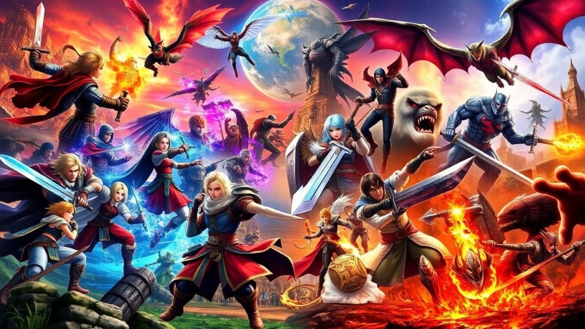 Collage of epic RPG game scenes and characters.