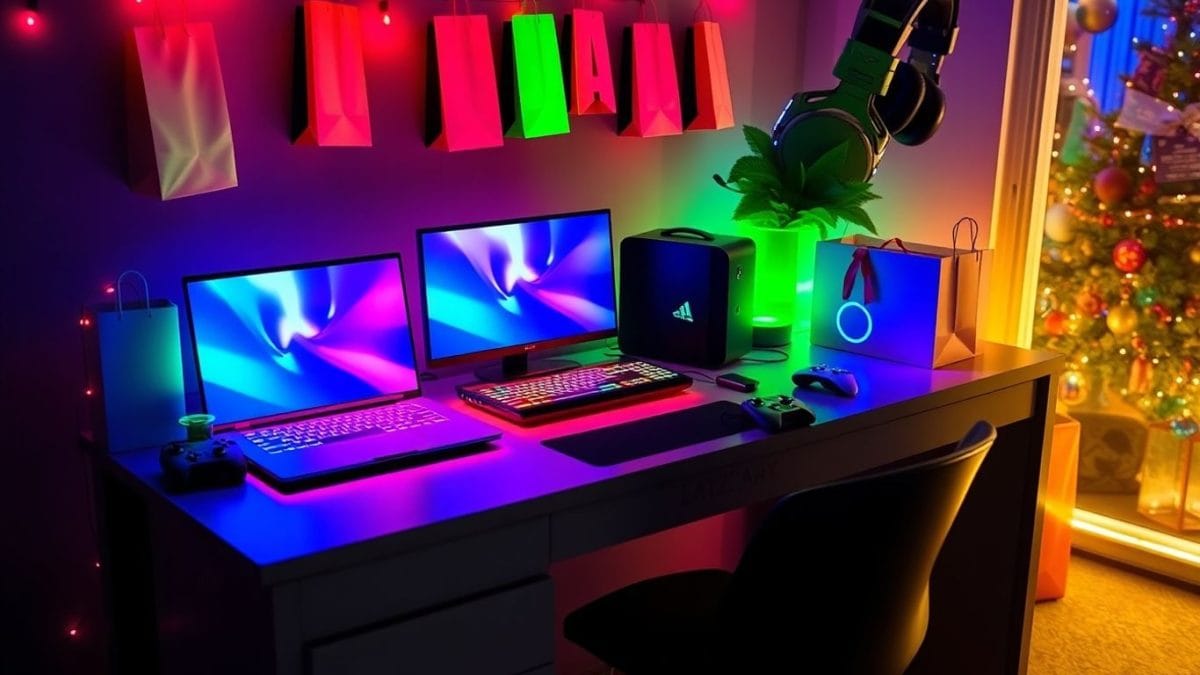 Gaming laptops and gear displayed with shopping bags