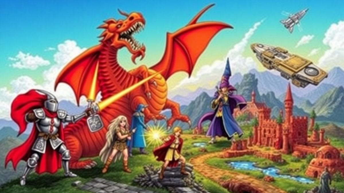 Iconic PS1 RPG characters and fantasy landscapes in a collage.
