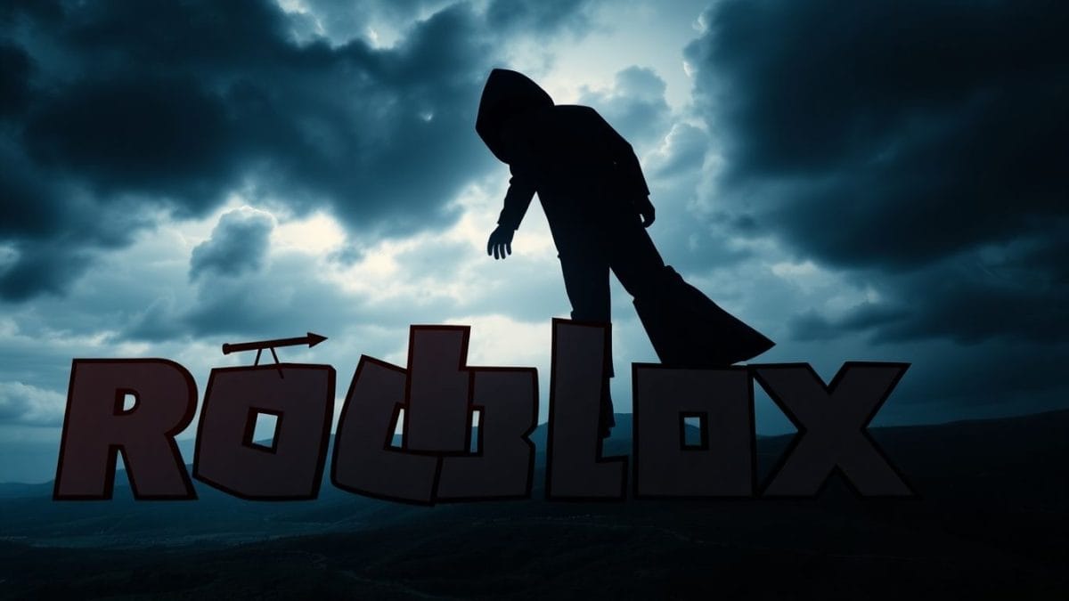 Roblox logo cracked, dark clouds, shadowy figure, exploitation.