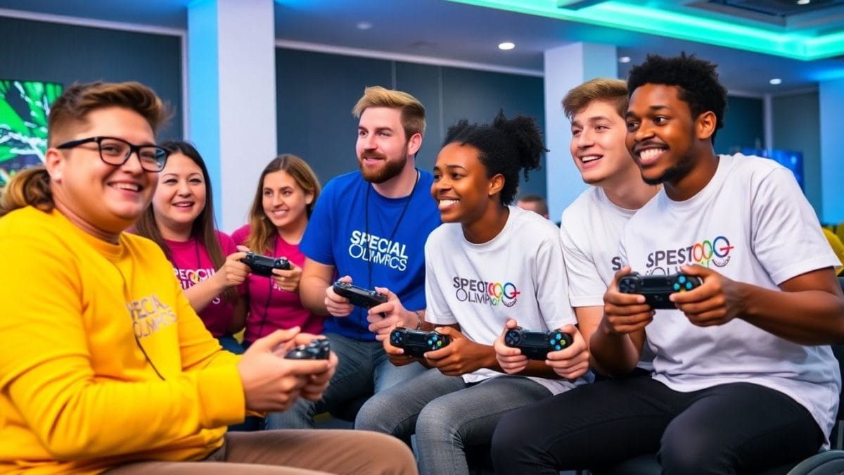 Diverse gamers enjoying Xbox with Special Olympics shirts