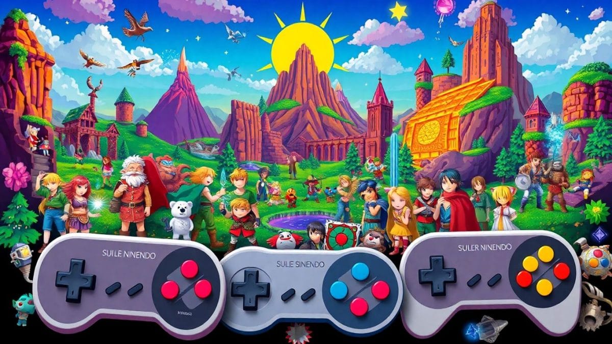 SNES RPG characters in a colorful fantasy game scene
