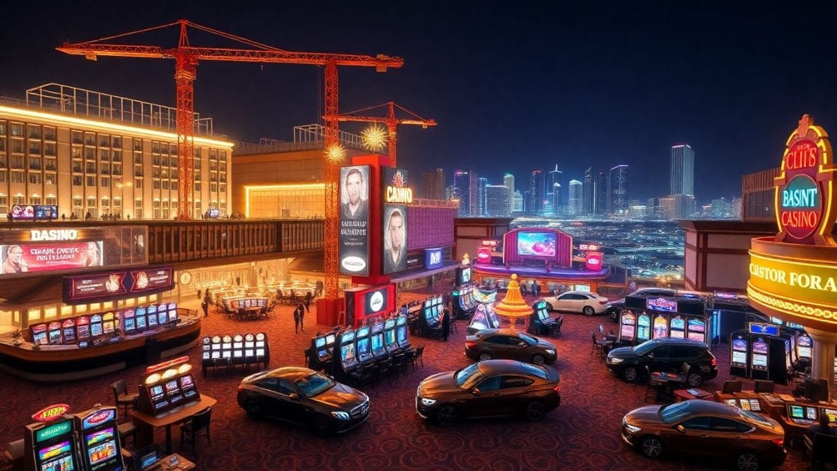 Nebraska casino construction with people and bright lights