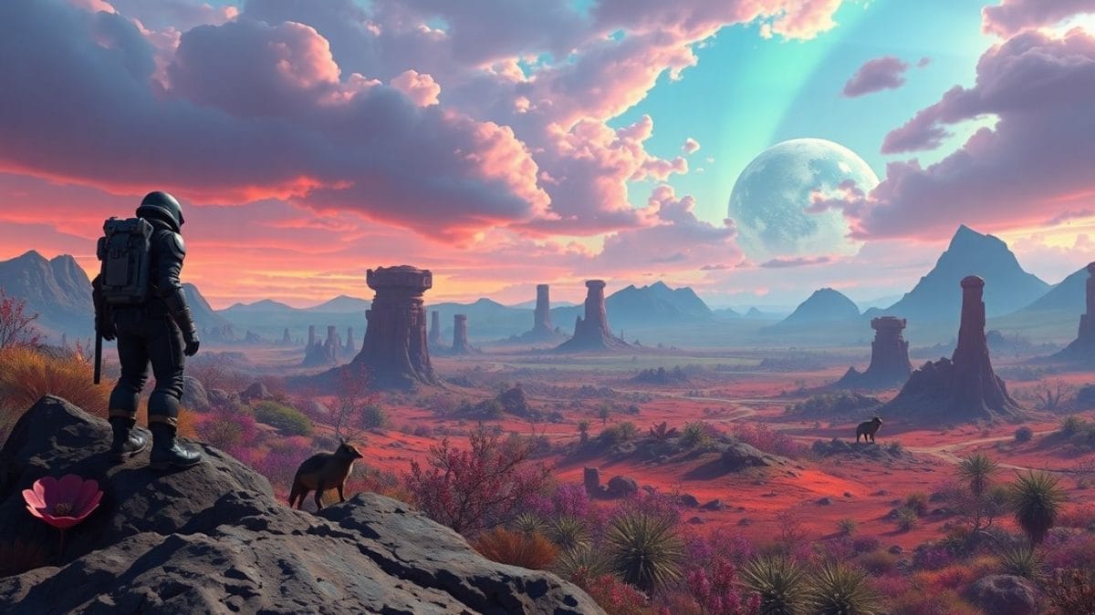 Outer Worlds 2 alien planet landscape with explorer