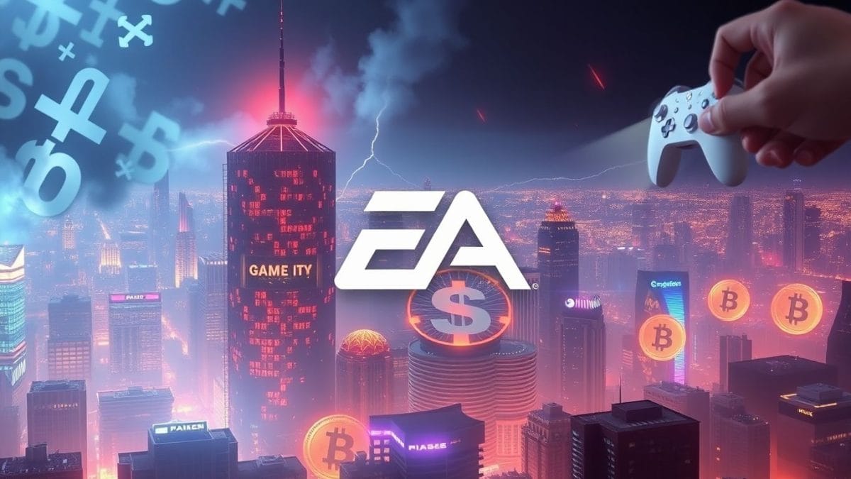 EA logo dominates futuristic gaming cityscape with digital symbols