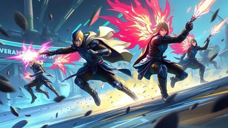 Valorant esports players in intense battle, agent abilities glowing.