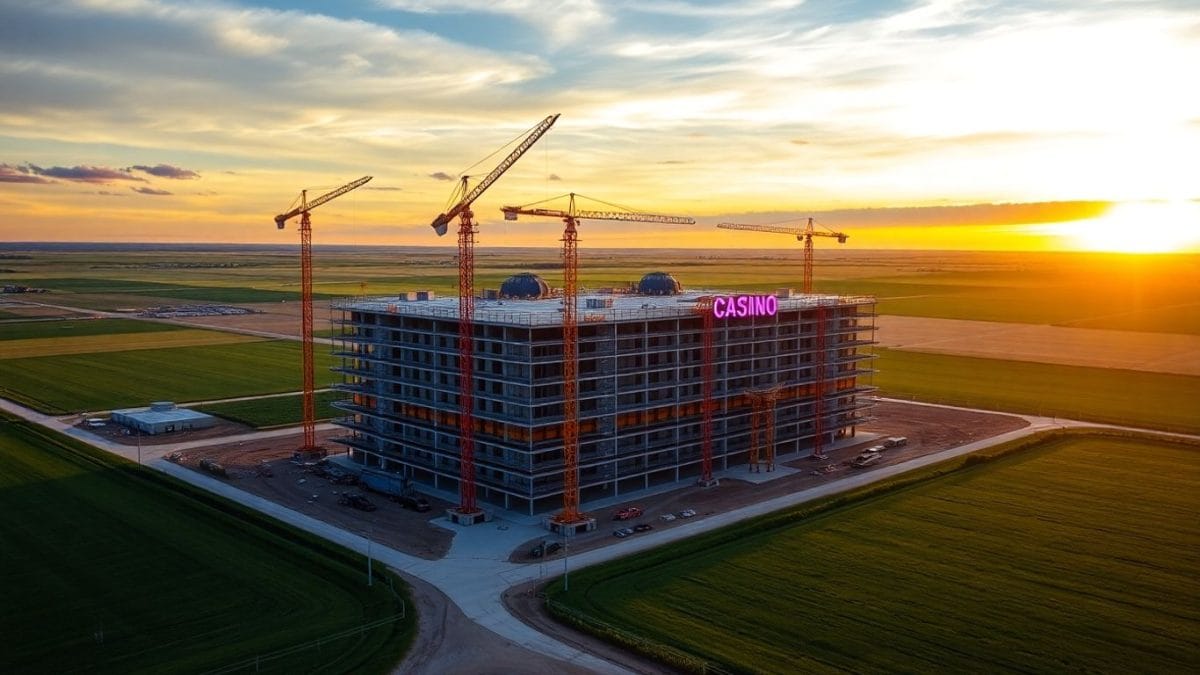 Casino under construction in Nebraska sunset landscape