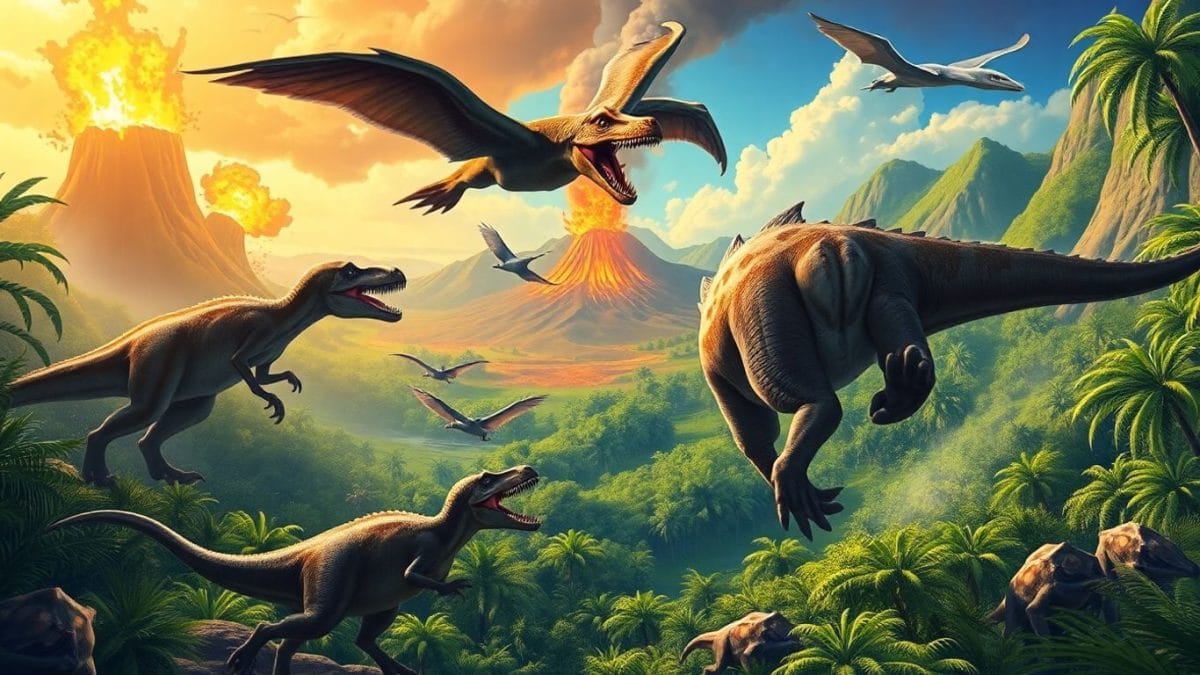 Dinosaurs battling in a vibrant, game-inspired prehistoric world