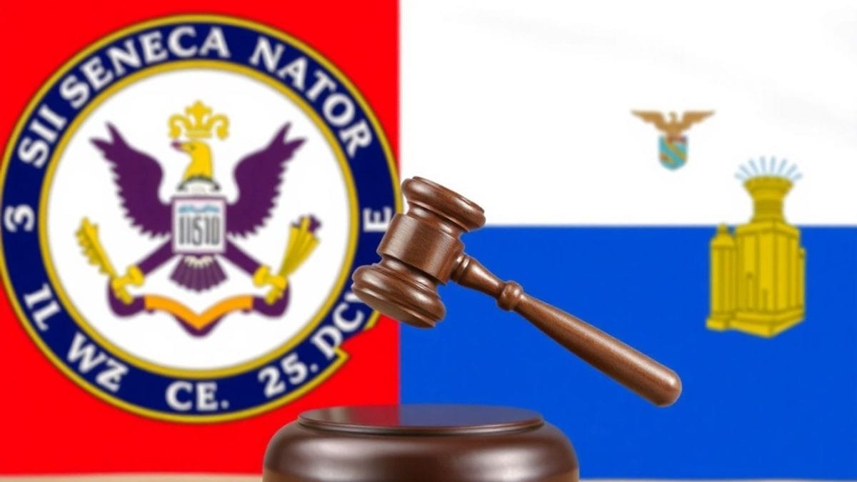 Seneca Nation seal and New York State flag with a gavel.