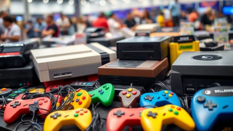 Retro gaming consoles and controllers at an expo.