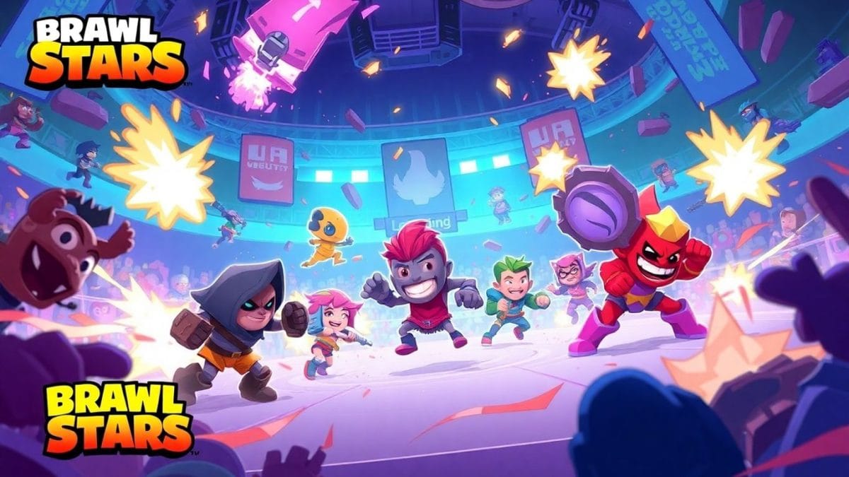 Brawl Stars esport arena with Brawlers in action.