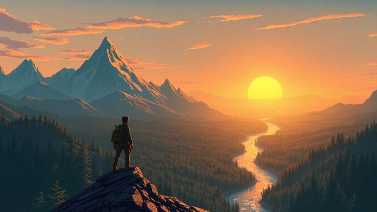 Adventurer overlooking a vast wilderness in a survival RPG.