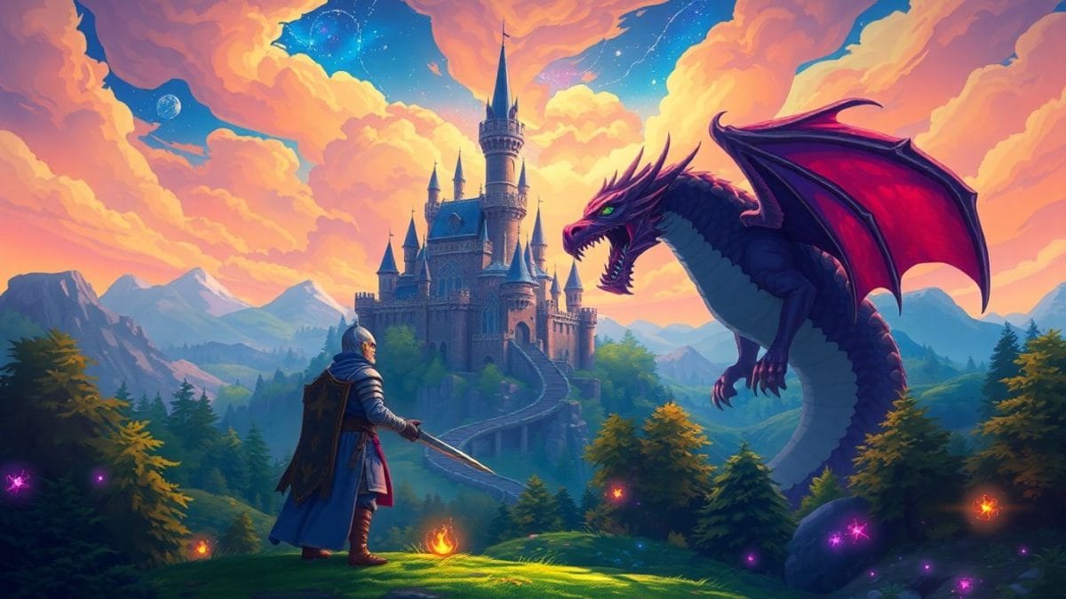 Fantasy RPG knight facing a dragon near a castle.