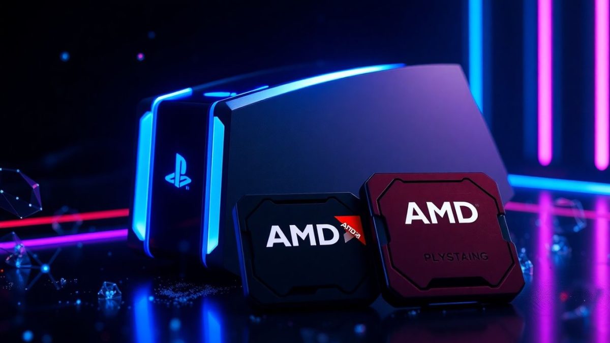 Futuristic PlayStation console and AMD chips glowing