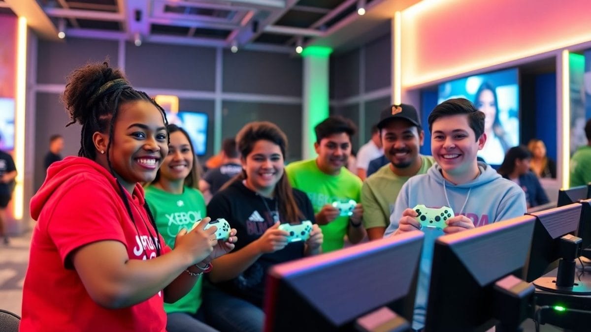 Special Olympics athletes gaming together with Xbox controllers