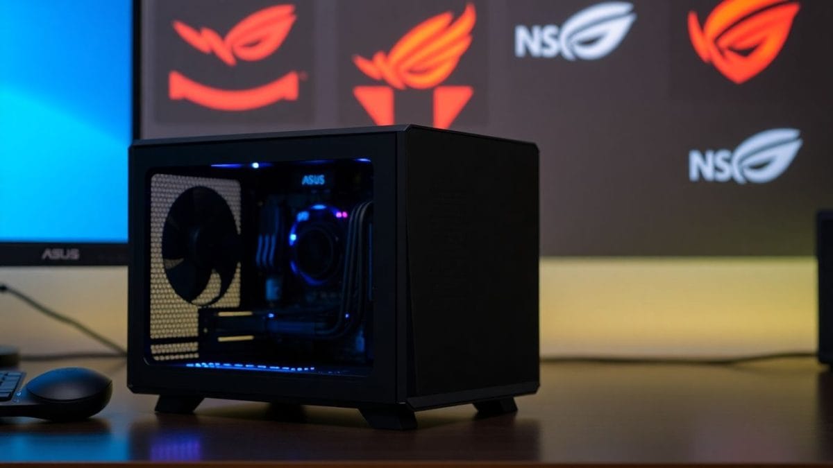 ASUS mini PC with visible internals, tech logos in background.