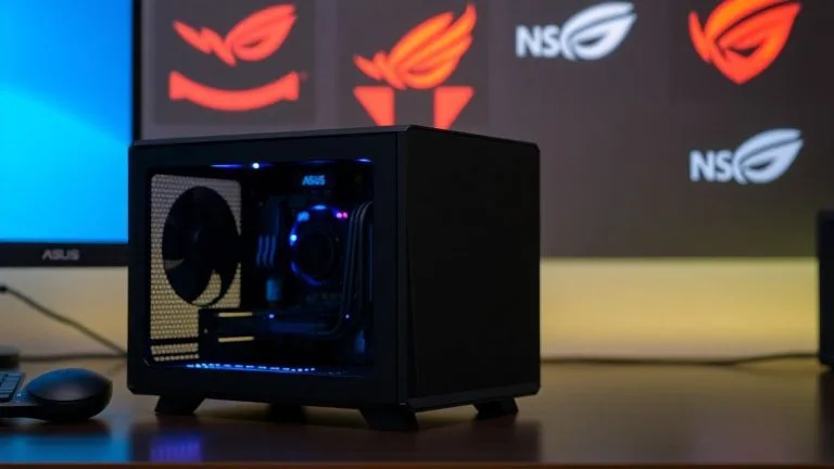 ASUS mini PC with visible internals, tech logos in background.