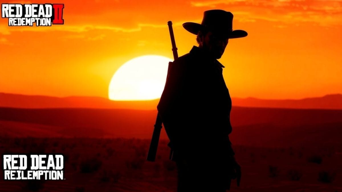 Arthur Morgan in a sunset landscape.